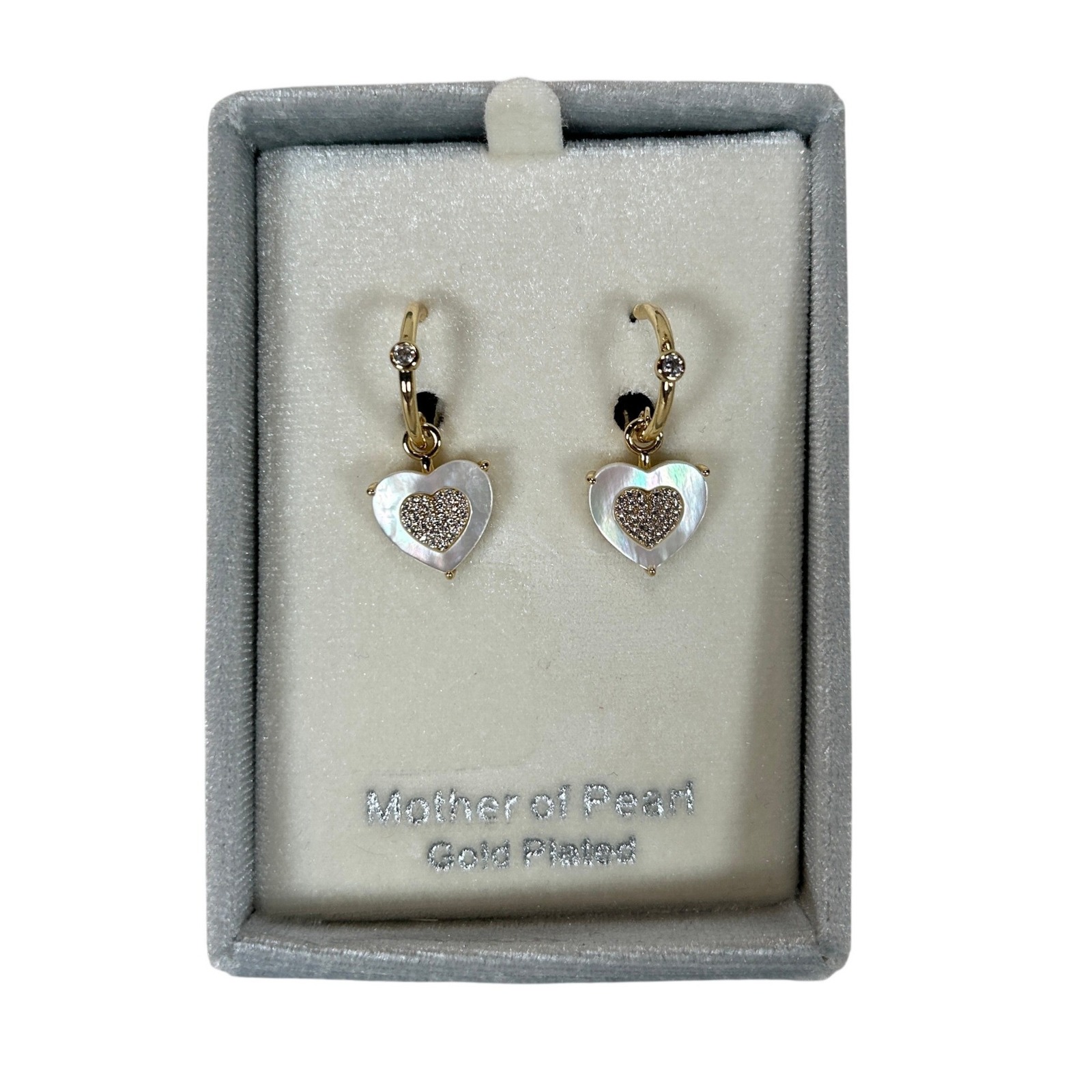 City By City Mother Of Pearl Heart Huggie Hoop Earrings Gold Plated Cz New
